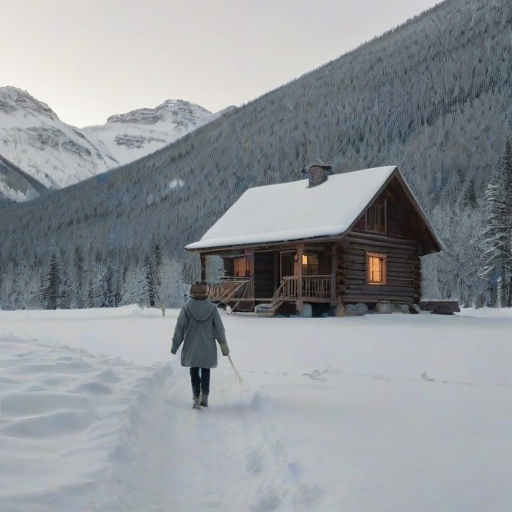 Snowy landscape of an isolated mountain cabin, a woman steps out onto the porch wrapped in a heavy coat, her breath visible in the cold morning air.