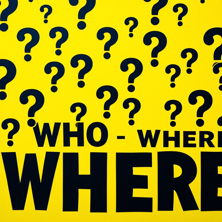 Create a vibrant yellow background with repeated bold black question marks and the words "WHO" and "WHERE" in various sizes, captured with a DSLR camera at f/2.8 aperture, ISO 100, 50mm lens, overhead view to enhance clarity and detail.
