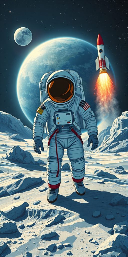 create a detailed illustration of an astronaut on the moon with Earth in the background and a retro rocket launching, using a DSLR camera with a 50mm lens, f/2.8 aperture, ISO 100, 1/250s shutter speed, in high dynamic range, with a wide-angle view, and vibrant colors to enhance clarity and depth
