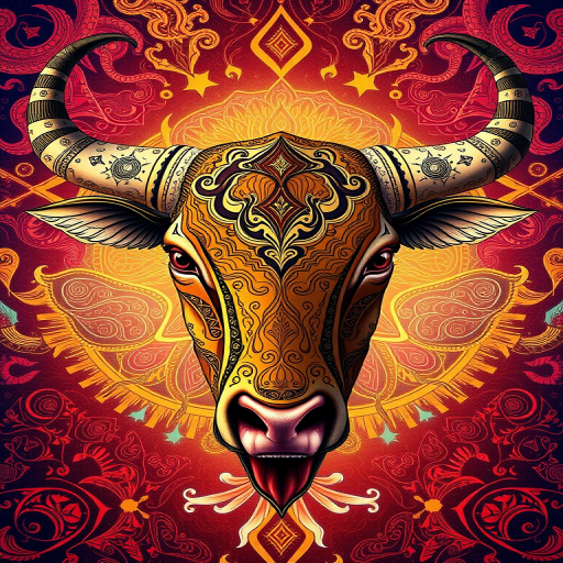 Create a detailed illustration of a bull's head with intricate patterns and a mystical background, using a Canon EOS 5D Mark IV with a 50mm f/1.8 lens, shot at f/5.6, ISO 200, in a vibrant studio setting with soft diffused lighting to enhance colors and details.