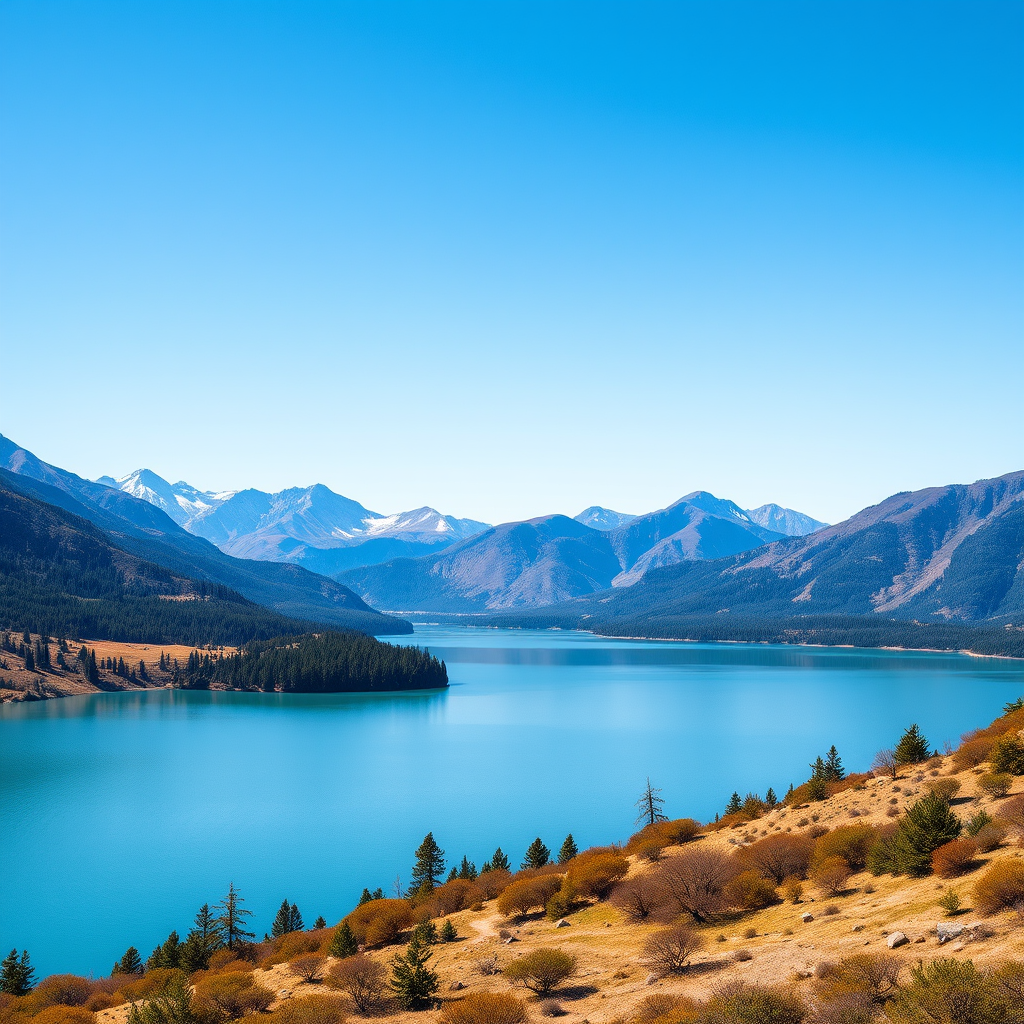 Generate a high-resolution image of a serene landscape featuring a calm lake surrounded by mountains under a clear blue sky, using a DSLR camera at 50mm focal length, aperture f/5.6, ISO 100, with a wide-angle view, ensuring vibrant colors and sharp detail.