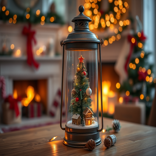 Create a cozy Christmas scene featuring a vintage lantern with a miniature Christmas tree and village inside, set against a softly lit background with a fireplace and festive decorations, shot with a Canon EOS R5, 50mm lens, f/1.8, ISO 100, 1/60 sec, focus on the lantern with a shallow depth of field to enhance the warm bokeh effect.