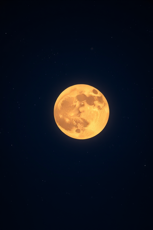 A serene night sky with a large golden moon surrounded by twinkling stars, deep blue backdrop, softly illuminated edges, captured with a Canon EOS R5, 50mm lens, aperture f/1.8, ISO 200, long exposure 15 seconds, focus on moon's texture and star details.