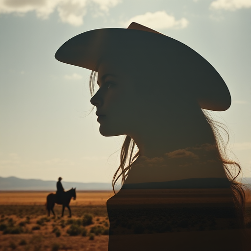 "Create a Double exposure", a silhouette "profile portrait of a young cowgirl" with long hair "superimposed" against a long shot of a cowgirl riding a horse across the plains, fantastic view, 32k, cinematic, hyper-realistic.