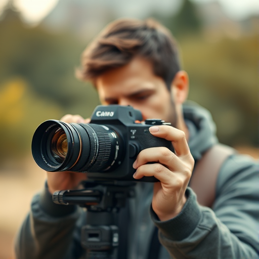 Create a high-resolution digital artwork of a man filming with a vintage camera, using soft focus and a muted color palette, in a natural light setting, captured with a DSLR camera at f/2.8, ISO 100, 1/250s shutter speed, with a shallow depth of field for an artistic blur effect.