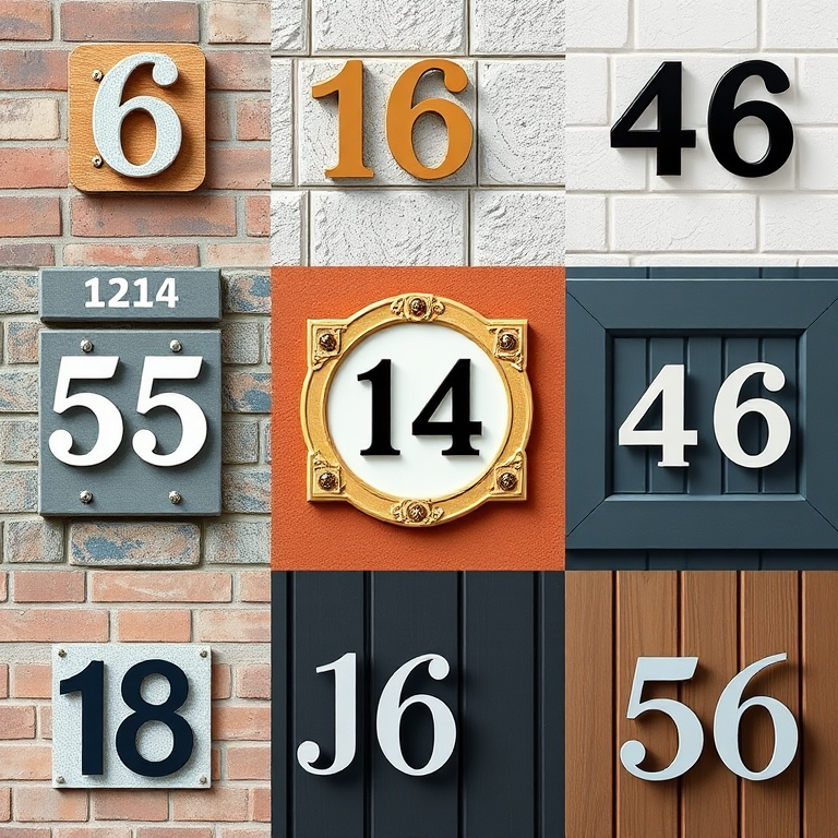 Create a high-resolution collage of house numbers on various backgrounds, using a 50mm lens, f/2.8 aperture, ISO 100, natural lighting, overhead view, and a DSLR camera for optimal clarity and detail.