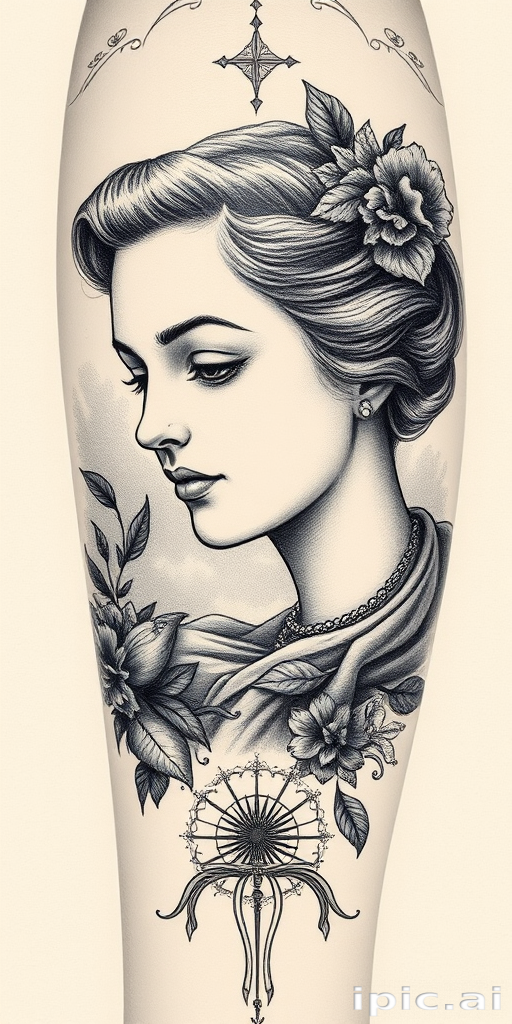 Engraving-style tattoo called "Etched Memories" mimicking the look of vintage engravings with fine lines and crosshatching to create detailed scenes or portraits, celebrated for its classical and sophisticated aesthetic