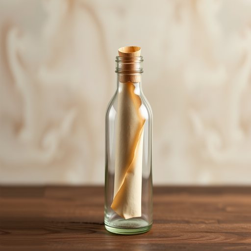 Create a high-resolution image of a clear glass bottle with a rolled-up piece of parchment inside, set against a soft blurred background, using a DSLR camera with a 50mm lens at f/2.8, ISO 100, and shutter speed of 1/200s.
