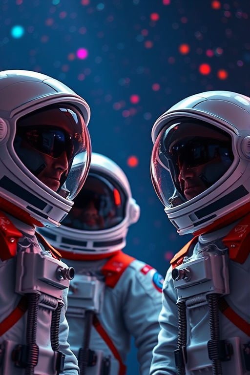 Regenerate an image of four astronauts in space helmets with a vibrant background, using a DSLR camera with a 50mm lens, aperture f/1.8, ISO 200, shot at a low-angle view, with a high dynamic range effect for enhanced quality.