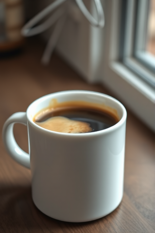 Create a high-resolution image of a steaming cup of coffee in a glossy white ceramic mug, viewed from a slightly elevated angle, with soft lighting, using a DSLR camera with a 50mm lens, f/1.8 aperture, ISO 100, and a shallow depth of field to enhance focus on the mug.