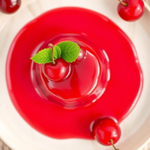 Create an image of a shiny red jelly dessert topped with two cherries and green leaves on a light wooden plate, captured from a top-down view using a DSLR camera with a 50mm lens at f/2.8, ISO 100, and a soft natural light setup to enhance color vibrancy and detail.