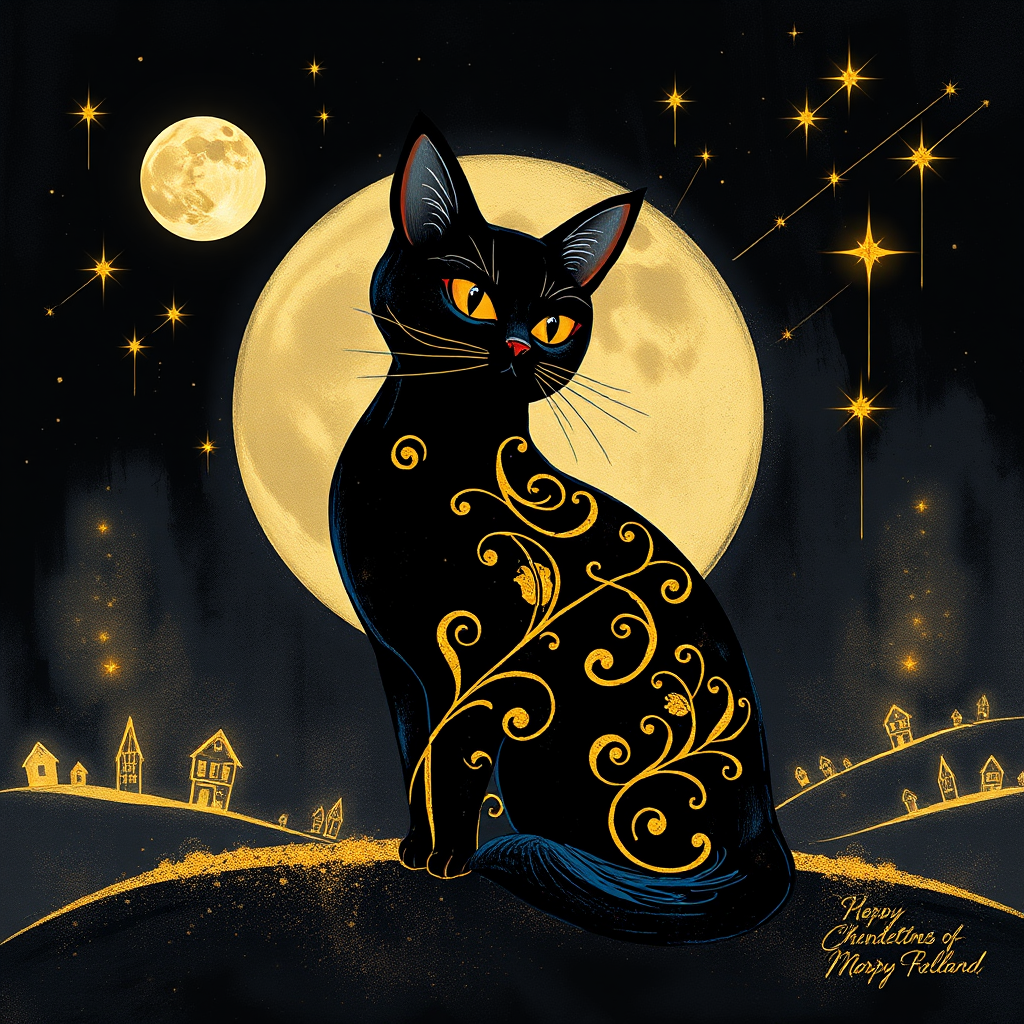 a stylized black cat with iridescent golden arabesques all over its body, on a grungy smoky black background with matching celestial designs, a full moon with silhouettes of lit houses, bright shooting stars, dazzling, magical BG, reminiscent of Christmas wonderland