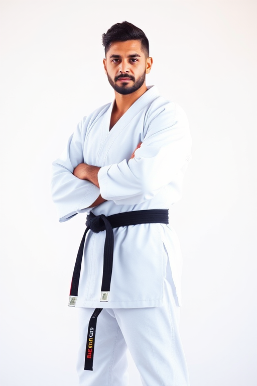 Generate a high-resolution image of a martial artist in a white gi with a black belt, standing in a confident pose, using a DSLR camera with a 50mm lens, aperture f/1.8, ISO 200, in natural light to enhance sharpness and detail.