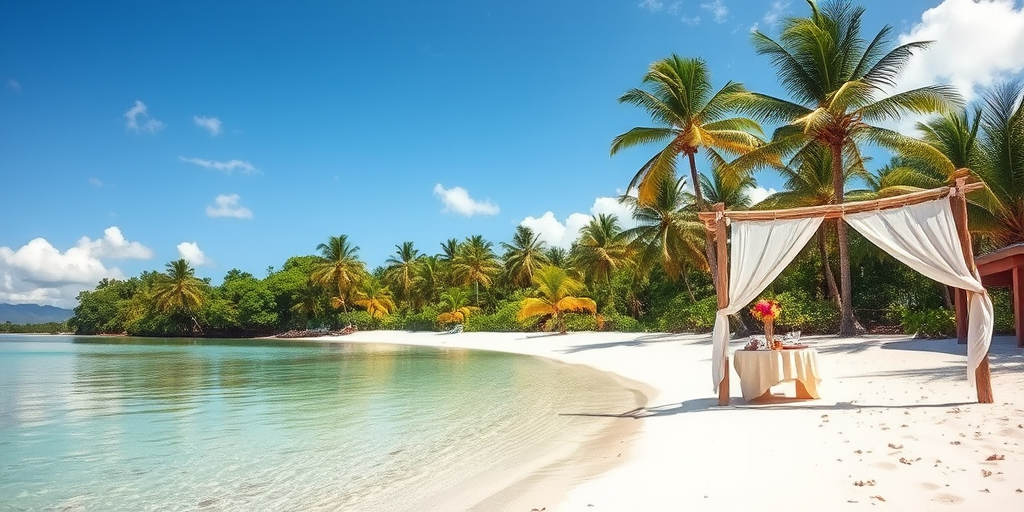 Create a picturesque tropical beach scene featuring a serene, white sandy shore. In the foreground, there's a rustic wooden canopy with white drapes gently flowing in the breeze. Underneath the canopy, a table is set with tropical decor, evoking a sense of relaxation and leisure. The beach extends into a calm, shallow water area with reflections of the sky and surroundings. Palm trees and lush greenery line the edge of the beach, providing a natural, tropical backdrop. The sky is clear with a few scattered clouds, and the overall atmosphere is tranquil and inviting, perfect for a peaceful retreat.