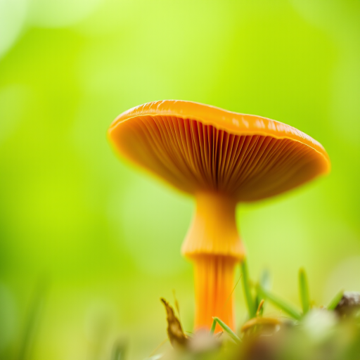 Close-up of an orange mushroom in a blurred green background, shallow depth of field, macro lens, f/2.8, ISO 100, 1/200s, natural light, DSLR camera.