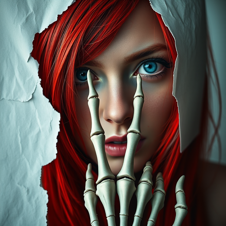 Create a digital illustration of a person partially revealing their face through a torn paper effect, showing vibrant blue eyes and striking red hair, with a detailed skeletal hand in the foreground, using high resolution, shot with a Canon EOS R5 at f/1.8, 50mm lens, natural lighting and a soft focus background to enhance depth and clarity.