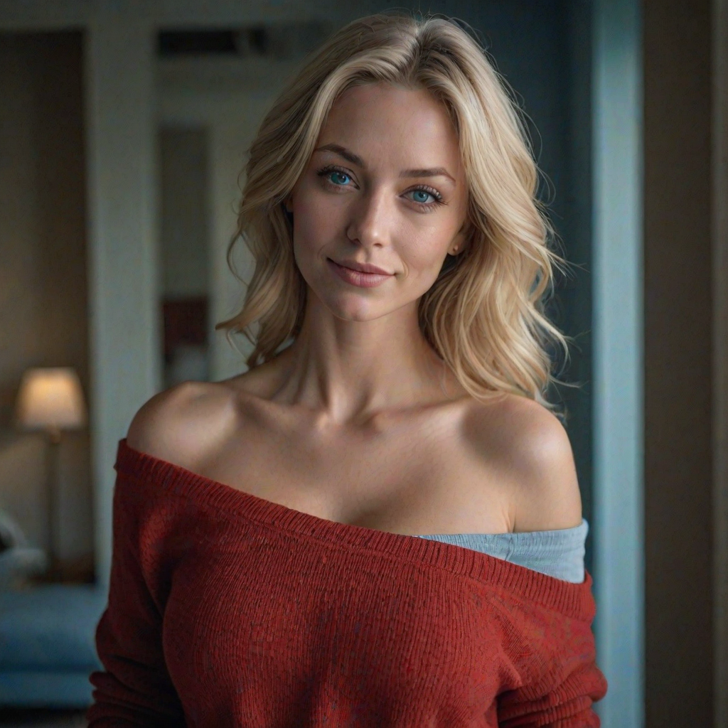 realistic photography, beautiful blonde woman, milf, smirk, large breasts, blue eyes, off shoulder red sweater, light blue denim jeans, cinematic lighting, perfect shading, dynamic angle, amazing composition, detailed, 35mm photograph
