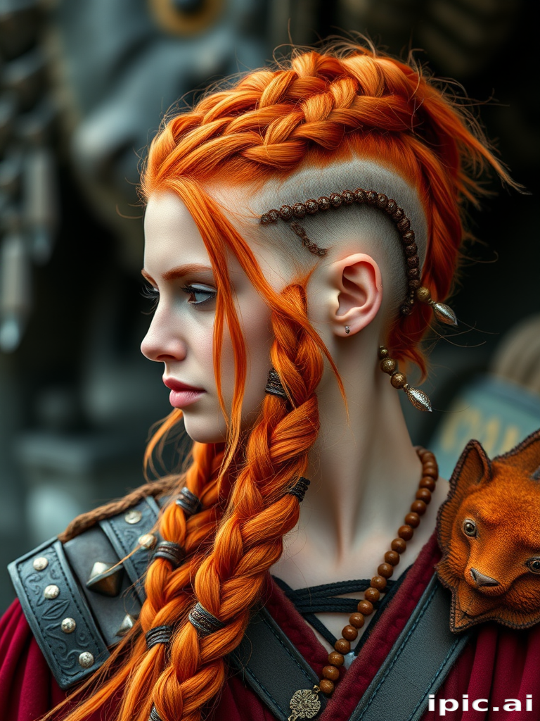 Fierce flame-haired warrior with an intricate Viking-inspired braided style, featuring shaved sides and ornate beads