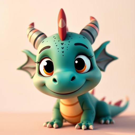 Create a cartoonish dragon character with large eyes and a friendly smile, featuring small wings and spikes on its head, set against a soft pastel background, using a DSLR camera with a 50mm lens, f/1.8 aperture, 1/200s shutter speed, and natural soft lighting.