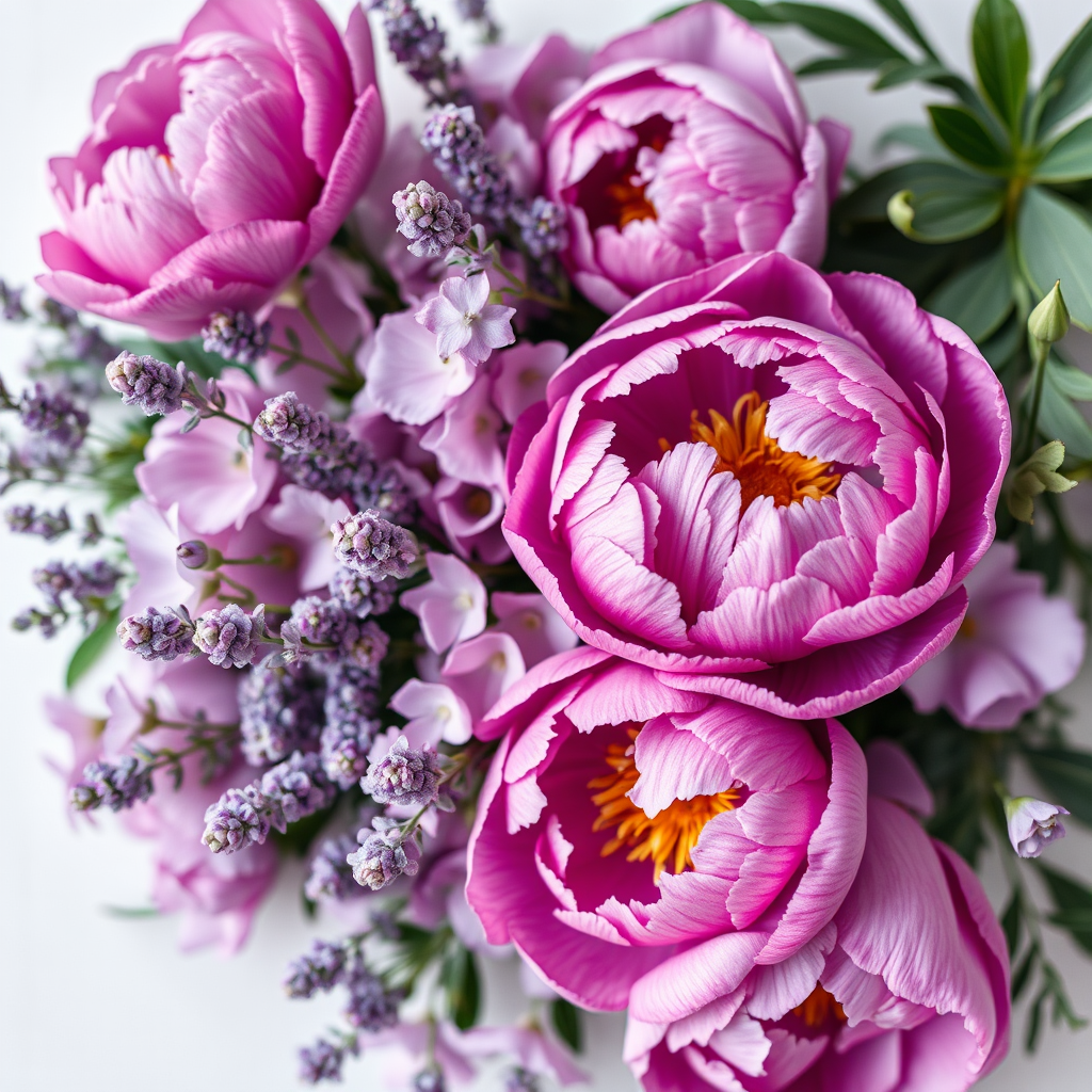 Create a high-resolution watercolor floral arrangement with a focus on purple peonies, lavender flowers, and soft greenery, using a Canon EOS R5 with an aperture of f/2.8, focal length of 50mm, and a shallow depth of field to enhance the softness and vibrancy of colors, capturing the image from a top-down view for an elegant layout.