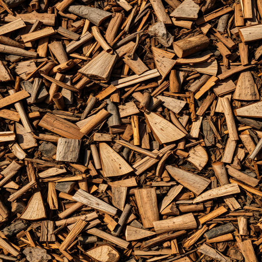 Close-up shot of wood mulch on the ground, taken with a DSLR camera at f/5.6 aperture, ISO 100, 50mm lens, in natural light, overhead view, with high dynamic range for enhanced texture detail.