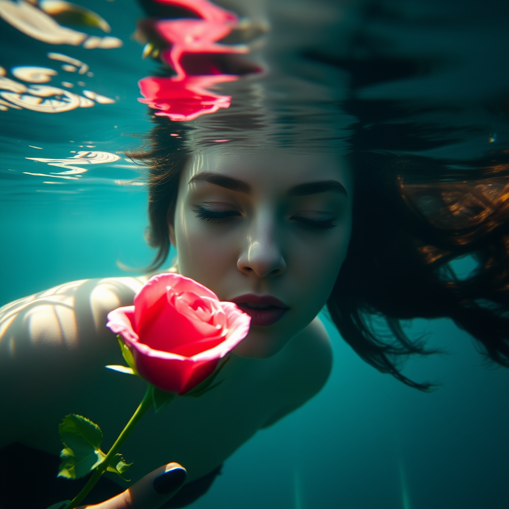 A woman underwater, gazing at a rose Her face is reflected in the water's surface The scene is illuminated by sunlight filtering through the water The atmosphere is serene and contemplative