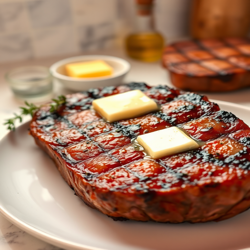 Create an image of a perfectly seared ribeye steak, resting on a white plate with a pat of melting butter on top. The steak is seasoned with fresh herbs like thyme and parsley, with glistening juices highlighting the texture of the meat. The background features a soft focus on a light, marble countertop, with a small dish of butter and an olive oil bottle in the distance. The overall mood should be warm and inviting, capturing the deliciousness and juiciness of the steak.