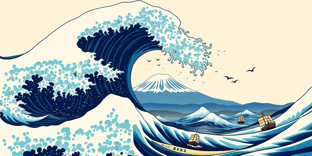 Regenerate a high-quality digital artwork inspired by classic Japanese woodblock prints featuring a massive wave, with intricate details in the foam, a distant view of Mount Fuji in the background, and boats struggling against the wave, using a DSLR camera with a 50mm lens, f/8 aperture, ISO 100, and soft natural lighting.
