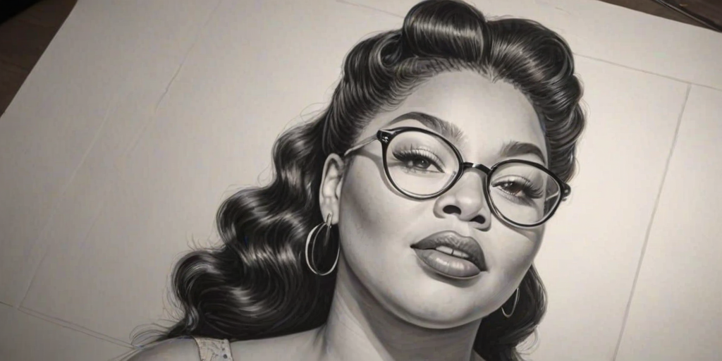 Enchanting Lizzo, pencil sketch, portrait of Alluring woman 1952s in glasses, hair style beatnik, outline, clear lines, fine lines, 8k