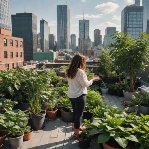 Rooftop garden in the middle of a busy city, skyscrapers towering in the background, a woman waters her plants, creating a peaceful oasis in the urban jungle.