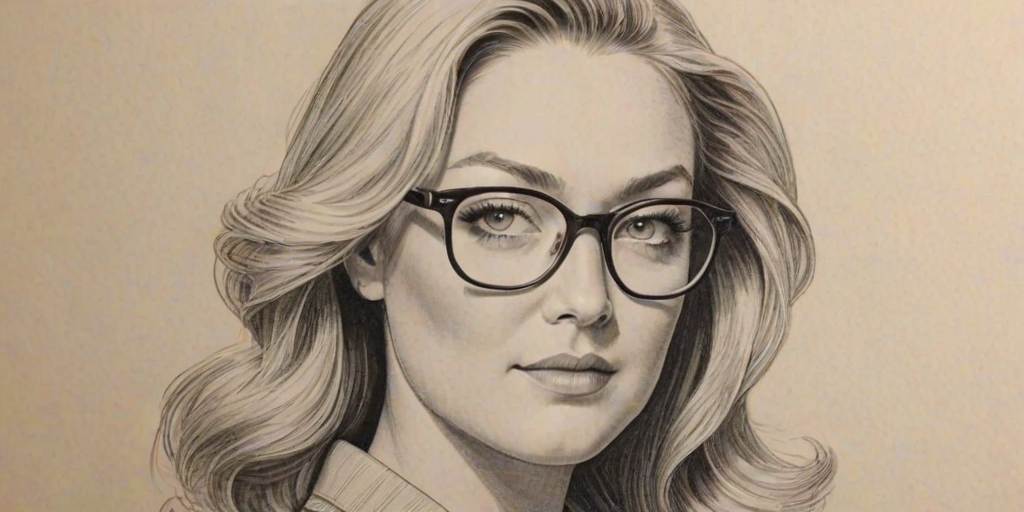 Lovely Elisabeth Rohm, pencil sketch, portrait of Gorgeous woman 1944s in glasses, hair style beatnik, outline, clear lines, fine lines, 8k