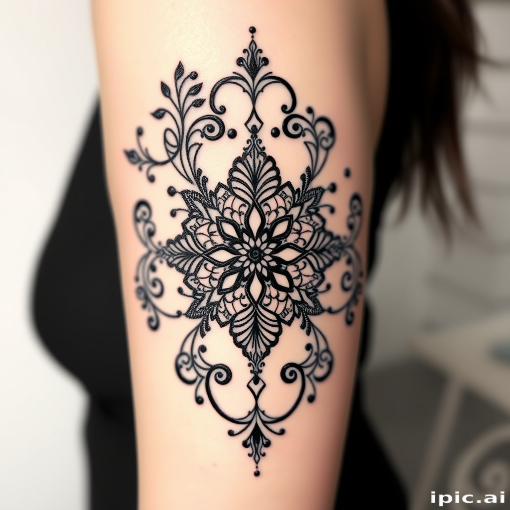 Ornamental blackwork tattoo named "Lace Elegance" depicting intricate patterns inspired by delicate lacework, with flowing lines and symmetrical designs creating a feminine and sophisticated aesthetic