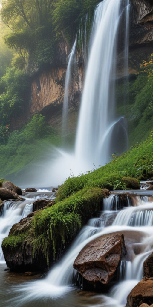 Majestic Waterfall Cascading Over Rocks Surrounded by Lush Greenery and ...