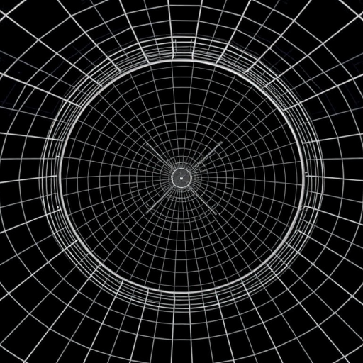 Generate a high-resolution wireframe image of a cone-shaped structure from a top-down perspective, using a DSLR camera with a focal length of 35mm, aperture set to f/8, ISO 200, and a focus on sharpness and clarity with a slight vignette effect.