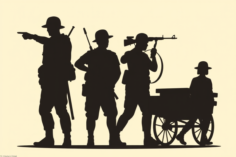 Create a vector illustration of four stylized silhouettes representing soldiers in various poses, with one pointing, another holding a rifle, a third with a crossbow, and the last pushing a cart, using a clean and modern design; capture with a Canon EOS R5, 50mm lens, f/8 aperture, ISO 100, in natural light for sharp detail and vibrant color.