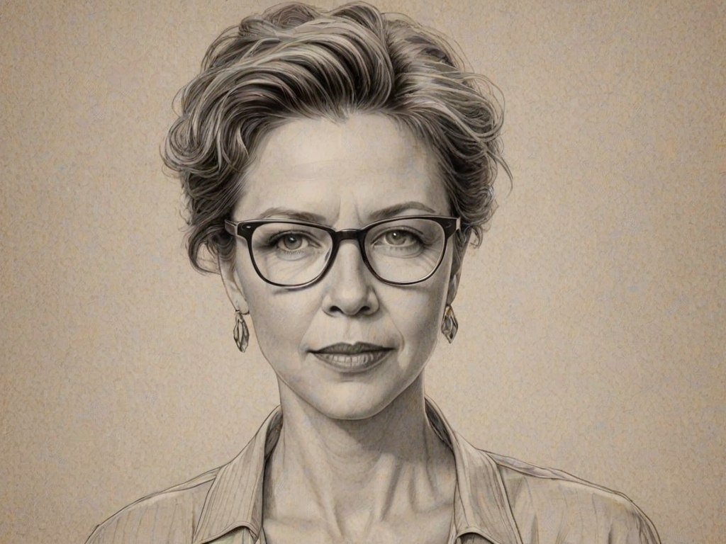 Wonderful Annette Bening, pencil sketch, portrait of Splendid woman 1921s in glasses, hair style beatnik, outline, clear lines, fine lines, 8k
