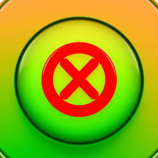 Create a high-resolution circular button icon featuring a bold red "X" symbol over a green background with a glossy finish, soft lighting, and a subtle shine effect, captured with a Canon EOS 5D Mark IV using an f/2.8 aperture, ISO 100, and a 50mm lens in a macro style for enhanced detail.