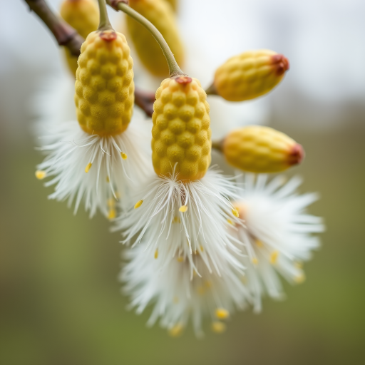 capture a close-up of soft, fluffy willow catkins in spring with bright yellow pollen, a blurred natural background, using a DSLR camera, 50mm lens, aperture f/2.8, ISO 100, and a shallow depth of field to enhance detail and vibrancy