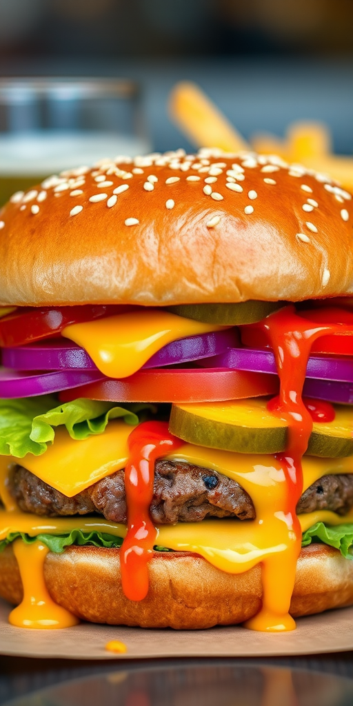 High-resolution, close-up image of a gourmet double cheeseburger. The burger features a glossy, sesame-seed-topped brioche bun. Inside, there are two thick, juicy beef patties, each topped with melted cheddar cheese. The burger is garnished with fresh lettuce, tomato slices, diced onions, and pickles. A generous amount of ketchup and a creamy, orange-colored sauce is dripping down the sides, adding to the mouth-watering appeal. In the background, there are blurred elements including a side of golden French fries and a hint of a beverage, enhancing the overall presentation of a delicious meal.