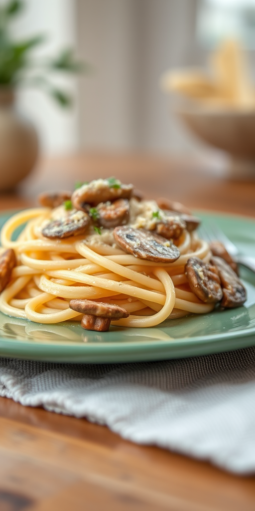 capture a close-up image of a creamy pasta dish with mushrooms on a green plate, natural lighting, DSLR camera, f/2.8 aperture, 50mm lens, ISO 100, shallow depth of field, focus on the pasta with blurred background