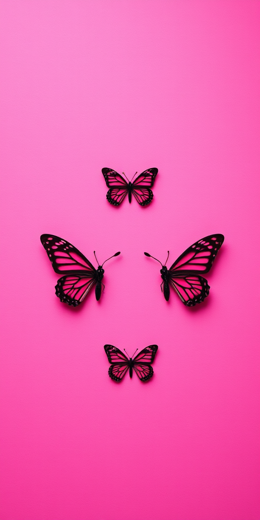 Create an abstract design featuring four butterfly silhouettes in a grid format on a vibrant pink background, using a Canon EOS R5 with a 50mm f/1.2 lens, shot from an overhead view, in vibrant color style for enhanced image quality.