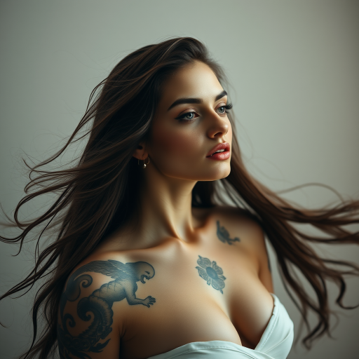 portrait of a woman with long flowing hair and intricate tattoos, soft lighting, shallow depth of field, 85mm lens, f/1.8, ISO 200, captured with a full-frame DSLR camera, elegant and artistic style