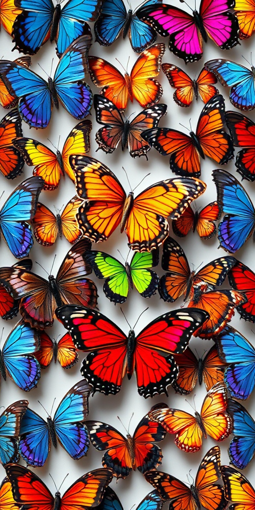 Create a seamless pattern of colorful butterflies in various styles, using a Canon EOS R5 with a 50mm f/1.2 lens, aperture set to f/8, ISO 100, and soft diffused natural lighting for enhanced details and vibrancy.