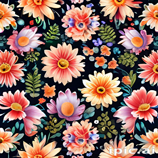 A Vibrant Floral Pattern Featuring Various Colorful Flowers on a Dark ...