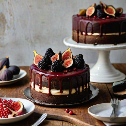 Create an image of a tall, layered chocolate cake decorated with fresh figs, blackberries, and pomegranate slices on top. The cake has a glossy red berry sauce drizzled over the sides, revealing its chocolate layers. Place the cake on a white cake stand, surrounded by a rustic wooden setting with plates in the background.