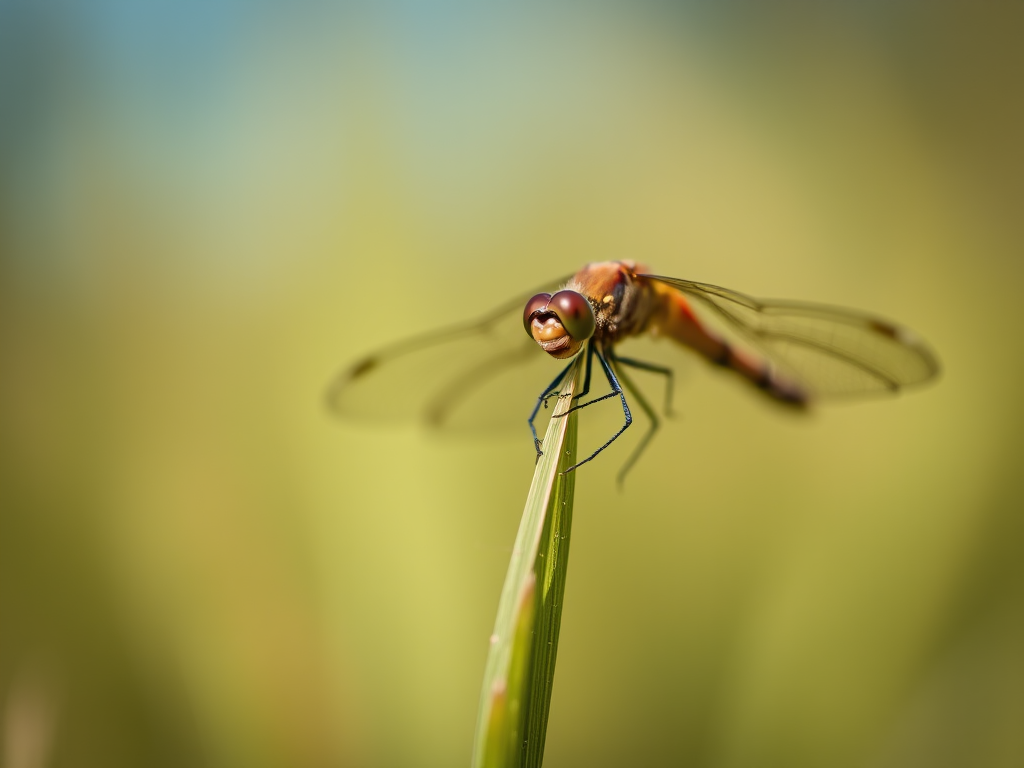 close-up shot of a dragonfly resting on a blade of grass, soft focus background, shallow depth of field, aperture f/2.8, ISO 100, shutter speed 1/200, macro lens, natural light, DSLR camera