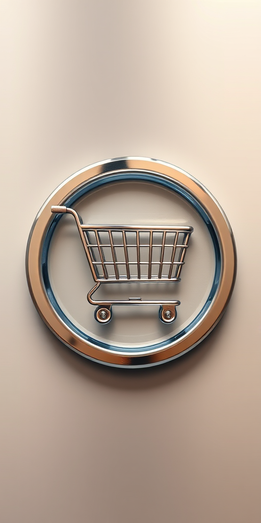 Create a high-resolution image of a shiny metal shopping cart icon enclosed in a circular border, using a Canon EOS 5D Mark IV with a 50mm lens, aperture set to f/2.8, shutter speed of 1/200s, and ISO 100, with a soft focus background for depth.