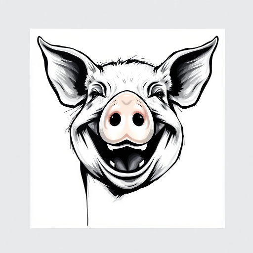 Abstract black and white acrylic portrait of an over exaggerated laughing (pig). Minimalism style. White background.