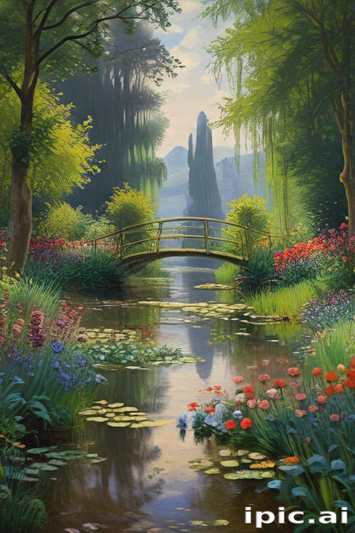 Tranquil Garden Scene with Bridge Over a Serene Reflective Waterway