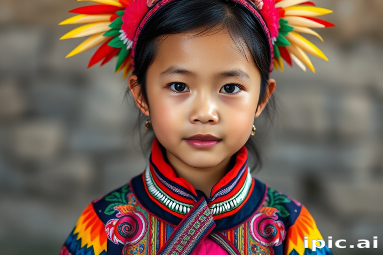 A beautiful Miao girl, wearing colorful bird clothing with vibrant colors